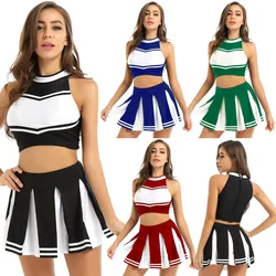 2Pcs Womens Adults Cheerleading Costume Uniform Carnival Cosplay Outfit Stand Collar Sleeveless Crop Top with Mini Pleated Skirt