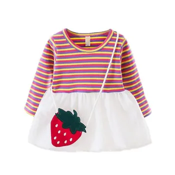 

DFXD With Fruit Bag Infant Dress Kids Clothes Casual Long Sleeve Striped Yarn Princess Dress New Spring Baby Dresses Vestidoes