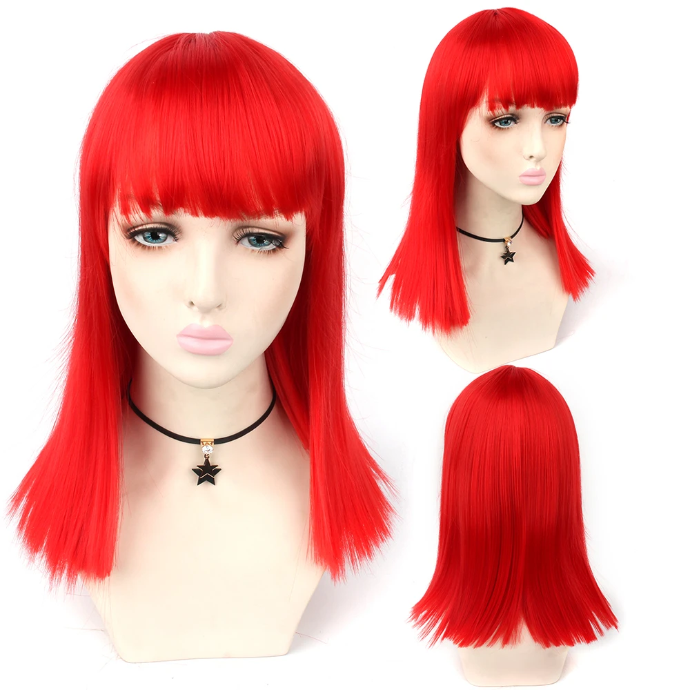 

LiangMo Short Straight Synthetic Hair Wigs with Bangs Red Pink Color Straight Wig Wigs with Bangs Toupee Hair for Women