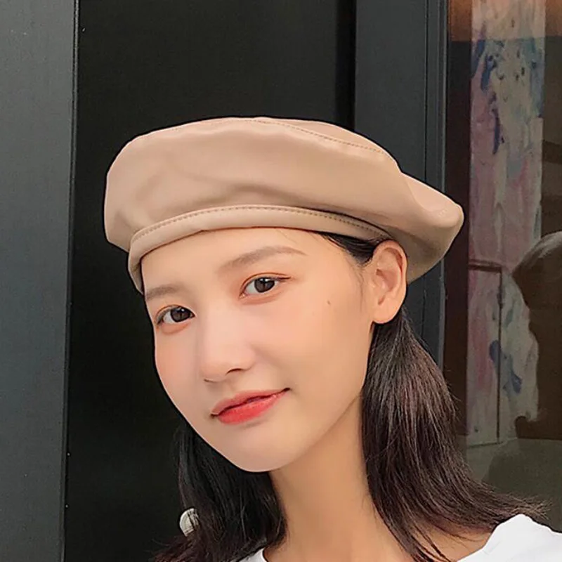 Women Girl Beret French Artist Warm Wool Winter Beanie Hat Cap Vintage Plain Beret Hats Solid Color Elegant Lady leather Caps