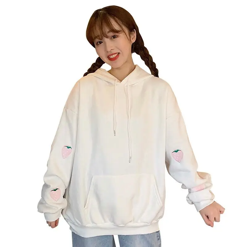 Autumn Wunter Strawberry Embroidery Cute Hoodies Japanese Harajuku Women Kawaii Hoodies Pullovers Long Sleeve Loose Sweatshirts