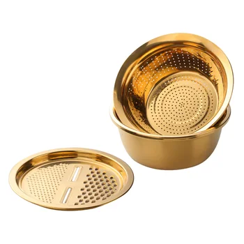 

3 In 1 Strainer Stainless Steel Fruit Colander Set Over Sink Kitchen Utensil Round Home Potato Peeler Drain Basket Carrot Grater