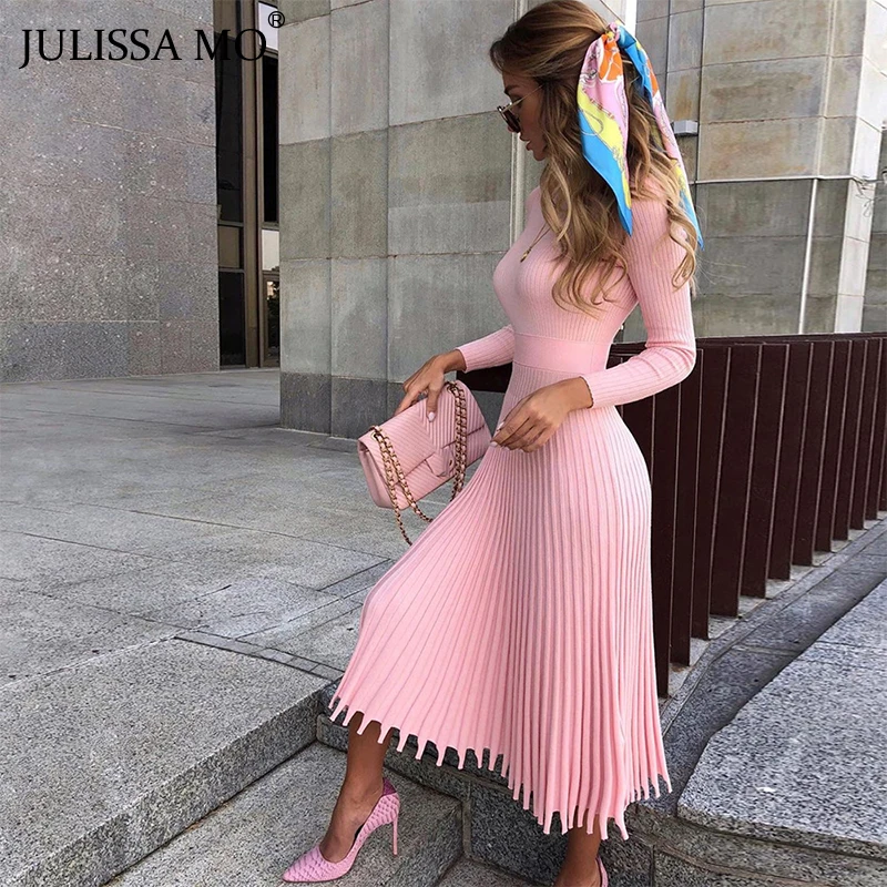 

JULISSA MO Vintage Knitted Sweater Dress Women Pink Elegant Long Sleeve Pleated Winter Dress Female Party Christmas Dresses 2019