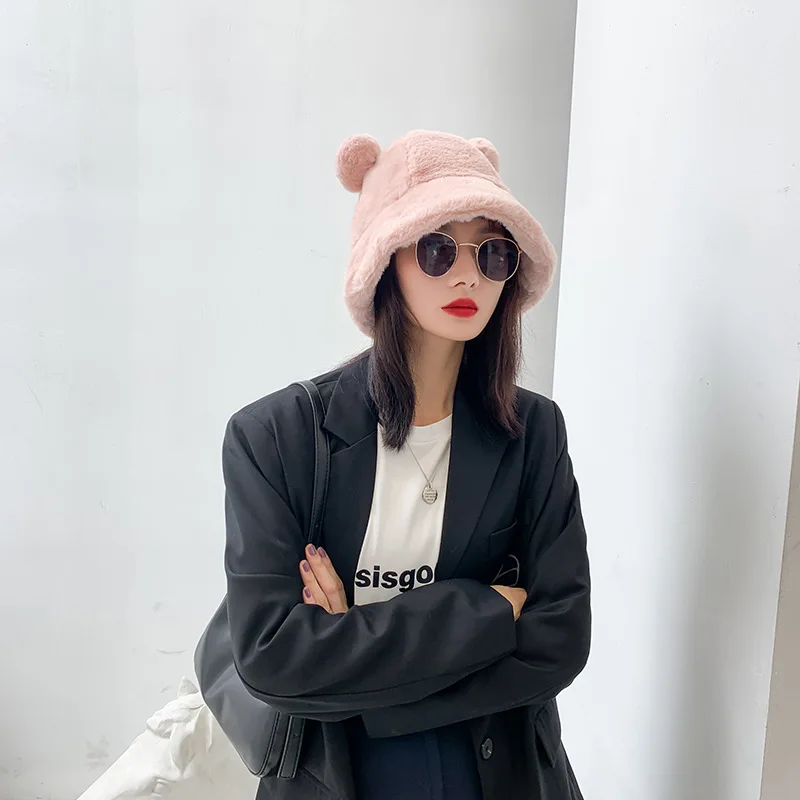 

Autumn Winter Women Fisherman Hat Cute Rex Rabbit Fur Ball Parent-Child Girl Pot Cap's Winter Warm Real Fur Beanies Hat Multiple