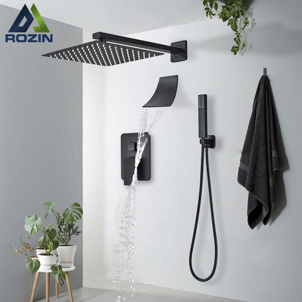 Black Shower Faucets Set Wall Mounted Rainfall Shower System