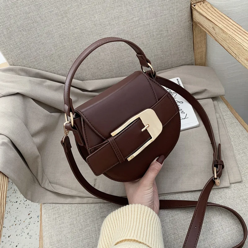 

Handbag Small round Bag Women's Fashion Belt Decoration Textured Shoulder Hand Saddle Bag Small Bag