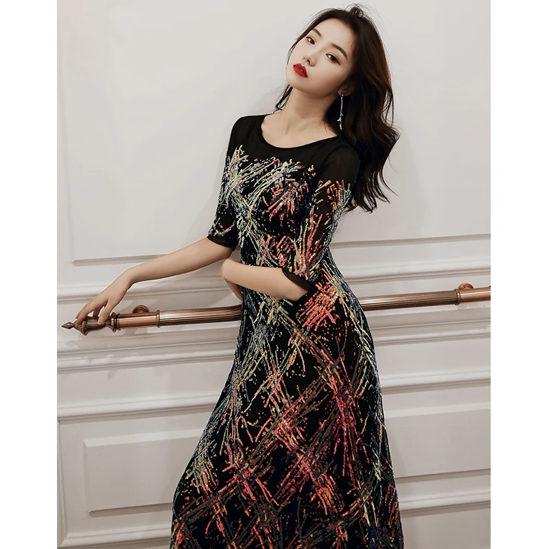 Wei yin AE0305 Robe De Soiree стиль элегантные длинные вечерние платья с круглым вырезом Простые Вечерние платья с блестками