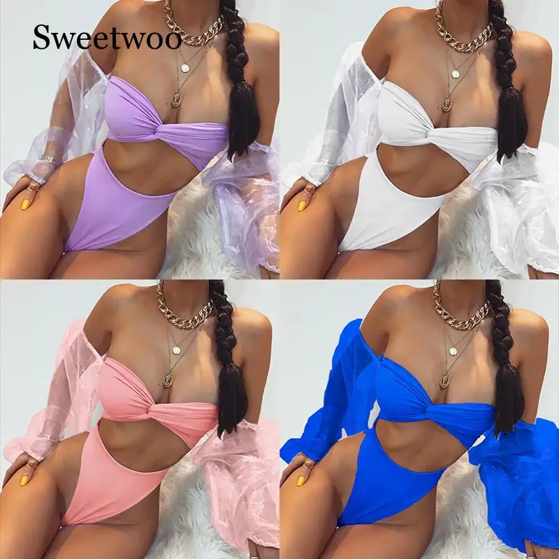 

High Waist Swimsuit Women Push Up Brazilian Biquini Chiffon Puff Long Sleeve Bikini 2002 Sexy One-piece Bathing Suit Women