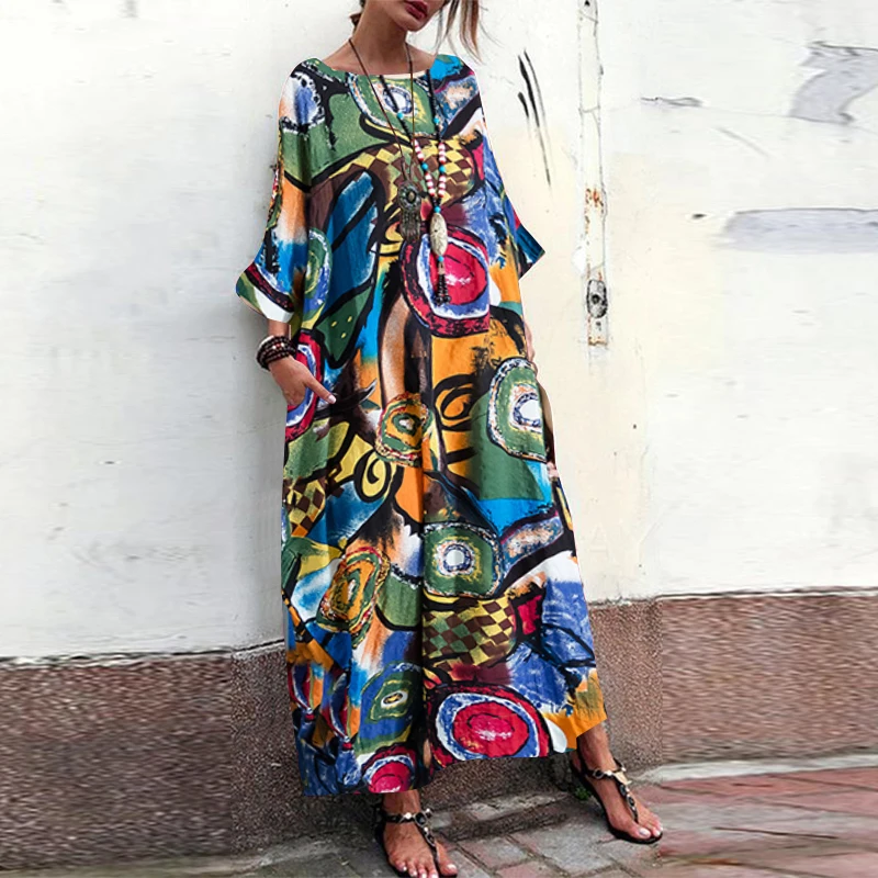 

Women Casual Dress Round Neck Cropped Sleeves Ink Floral Print Kaftan Dresses Long Maxi Beach Holiday Shift Dress