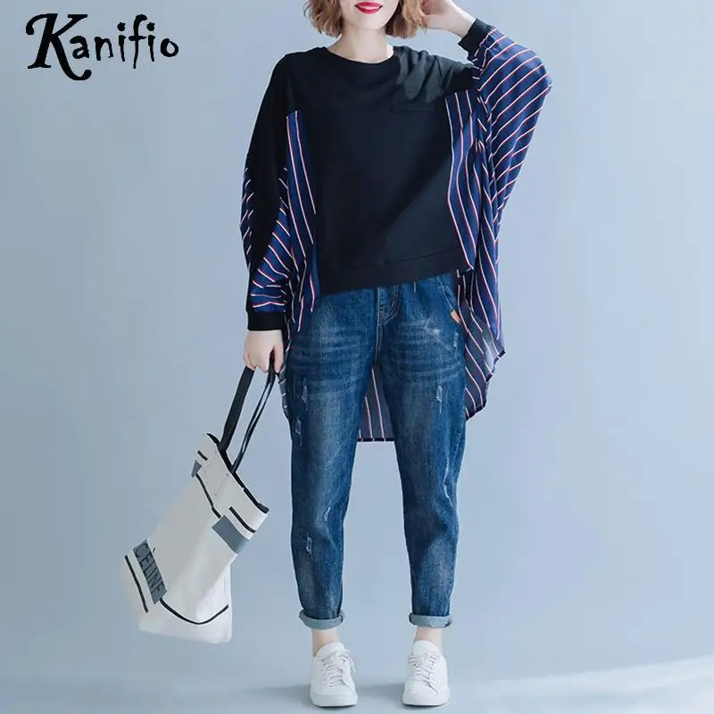 

Kanifio Plus Size Women Fashion Striped Patchwork Shirts 2019 Autumn New Ladies Casual Loose Blouses Tops Female Tunic Blusas