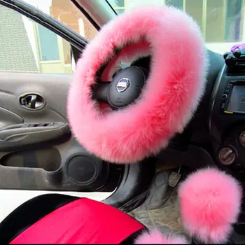 

Charm Pink Warm Long Wool Plush Steering Wheel Cover for Car Handbrake Accessory