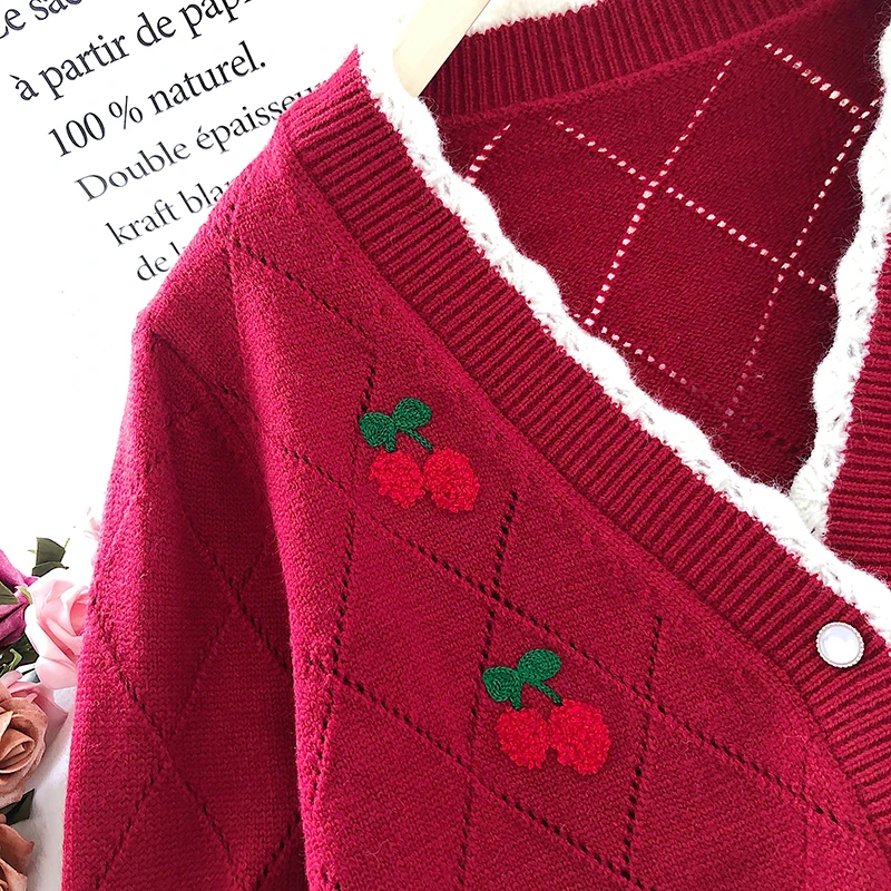 Tanie OCEANLOVE haftowane swetry rozpinane odzież dziana słodkie bufiaste rękawy krótkie Mujer Chaqueta sklep