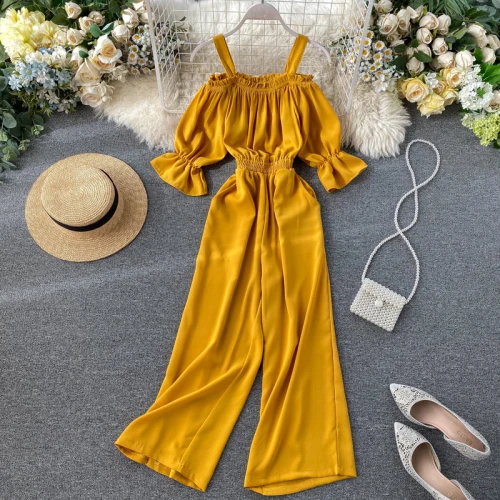 yellow jumpsuit Woherb, Новое поступление, однотонный комбинезон с коротким рукавом и открытыми плечами, облегающий пояс, повседневные свободные широкие штаны, Комбинезоны для женщин, корейский стиль, 91506 - Цвет: yellow jumpsuit