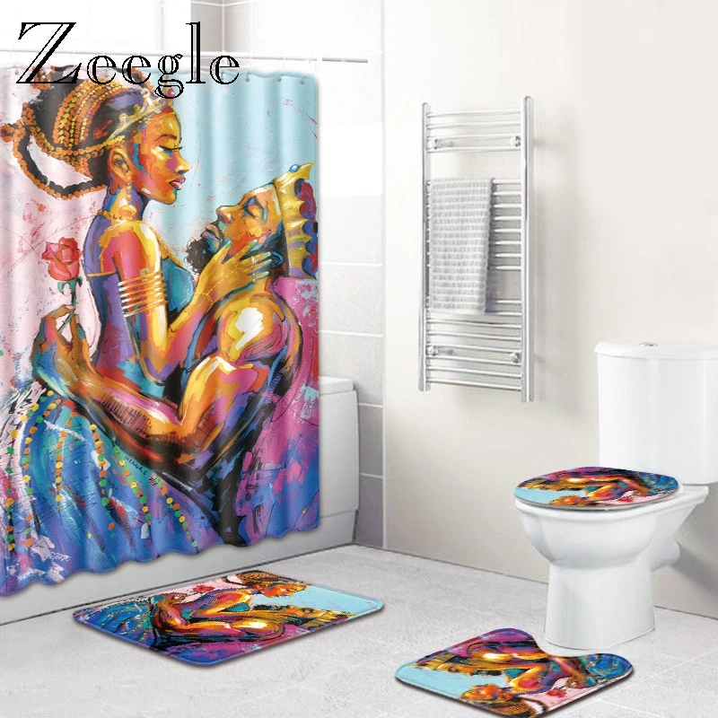 Europe Portrait Bathroom Mat Set Bath Carpet Toilet Foot Mat Shower Curtain with Hooks Non-slip Mat for Bathroom Rug and Mat Set