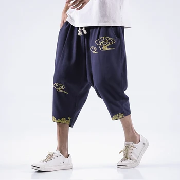 

2020 Summer Chinese Style Men Linen Cropped Pants Mens Print Cotton Pants Elastic Waist Shorts Male Casual Hip Hop Harem Pants