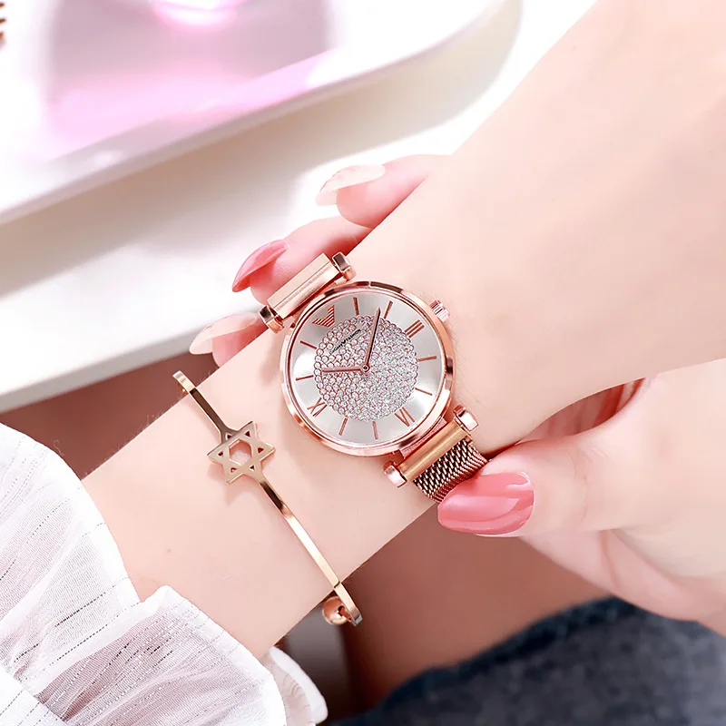 Роскошные женские часы Брендовые женские кварцевые часы с браслетом для женщин полный Алмазный магнит наручные часы relogio femininio hodinky - Цвет: Розовый