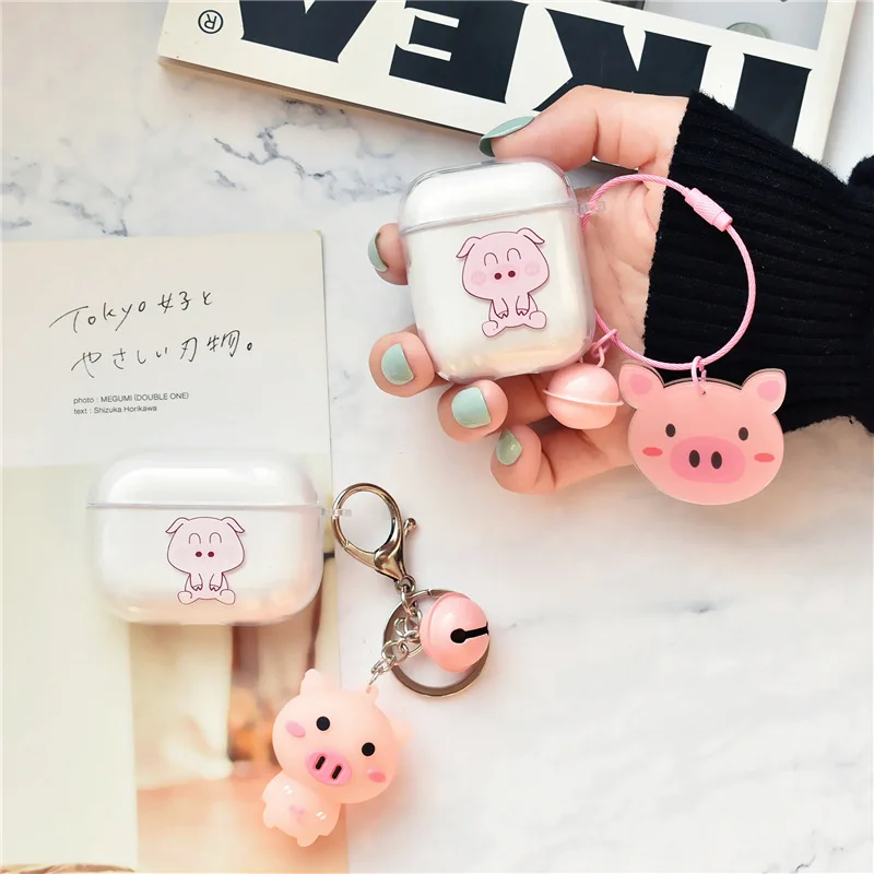 

3D Cute Cartoon Luxury Case Cover for Apple Airpods Pro with Bell Pig Keychain Soft Silicone For Airpods 1 2 Case Transprent