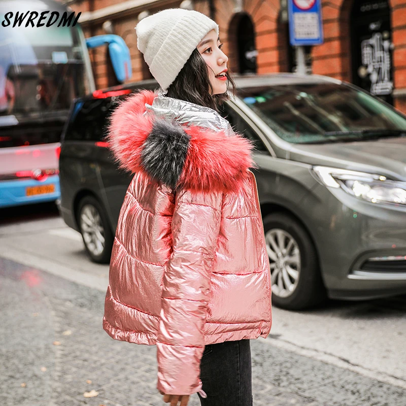 

SWREDMI 2019 New Slim Fashion Waterproof Women Coat Jacket Large Fur Parka Coats Warm Female Jacket Bright Glossy Winter Jacket