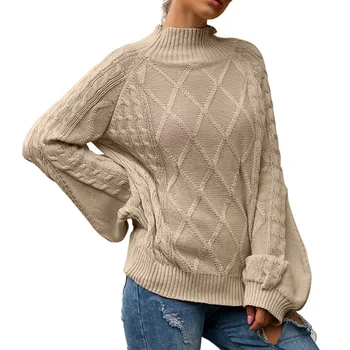 

Winter Turtleneck Sweater Women Diamond Pattern Lantern Long Sleeve Pullovers Female Fall 2019 Pull Femme Loose Knit Sweaters