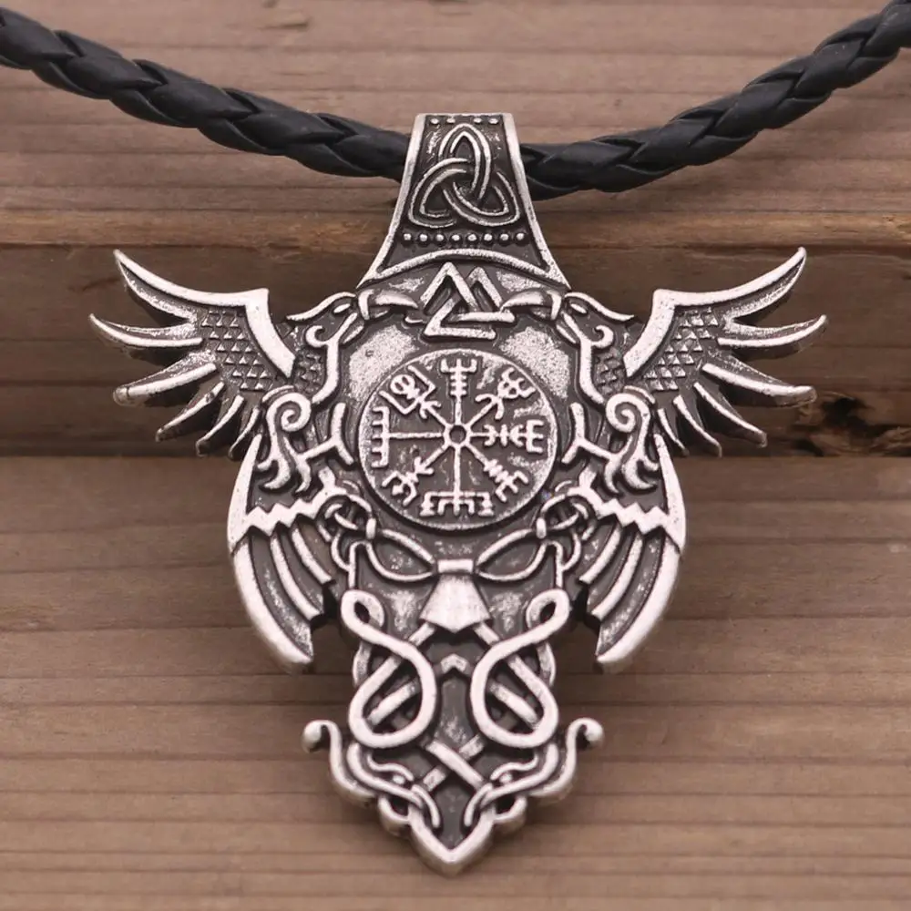 

Norse God Odin Raven Amulet And Talisman Jewelry Viking Necklace With Valknut Vegvisir Trinity Symbols Protection