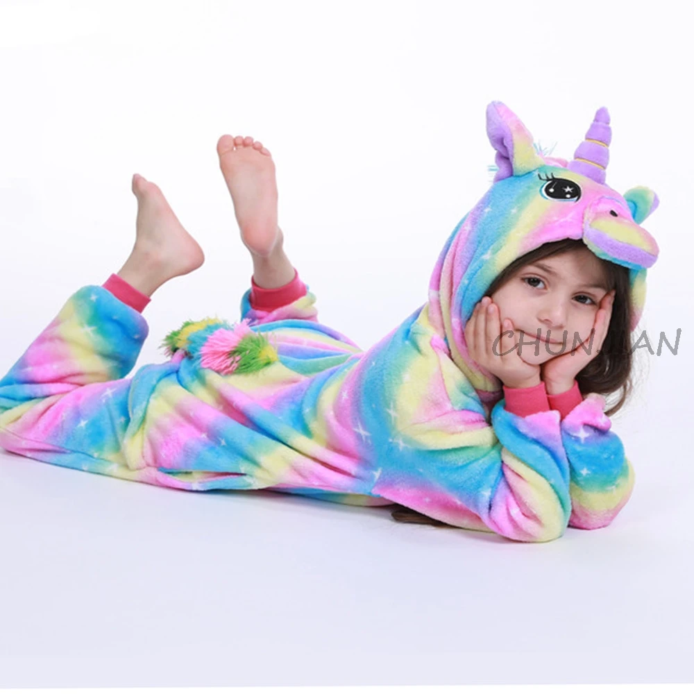 Girls Winter Flannel Warm Pijamas Boys Onesie Pajamas Children Animal Overalls For Kids Cosplay Costume Blanket Pajamas