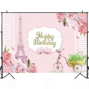 Image 4 - Laeacco Birthday Photocall Pink Paris Eiffel Tower Flowers Chandelier Custom Photography Backdrops Baby Newborn Backgrounds Prop