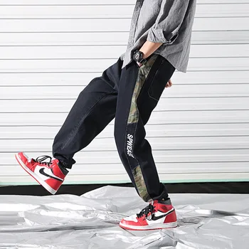 

#2155 Spring Autumn Casual Japanese Streetwear Mens Jeans Denim Elastic Waist Blue Black Loose Harem Biker Jeans Side Spliced