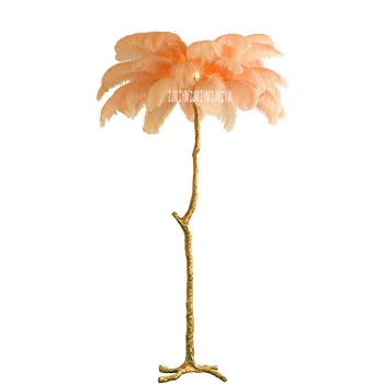 

255455 Romantic Ostrich Feather Lamp Living Room Feather Standard Lamp Bedroom Bedside Led Light Copper Floor Lamp 110V/220V