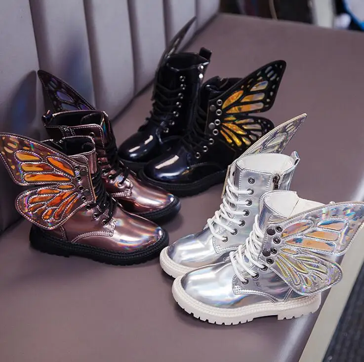

Kids Shoes Autumn Fashion Girls Black Mirror Martin Boots Boys Wing Casual Shoes for Children High Top Shoes