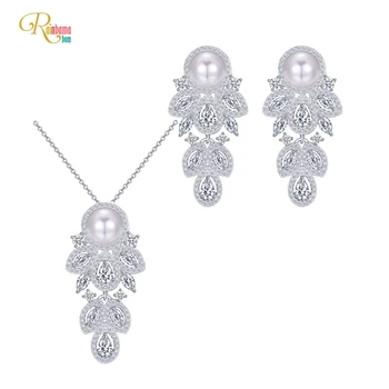 

Rainbamabom Romantic Cute 925 Solid Sterling Silver Pearl Created Moissanite Earrings/Necklace Wedding Engagement Jewelry Set
