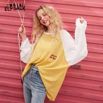

ELFSACK Black Letter Print Knit Casual Pullover Women Thin Sweater 2020 Spring Yellow Colorblock Long Sleeve Girly Korean Tops