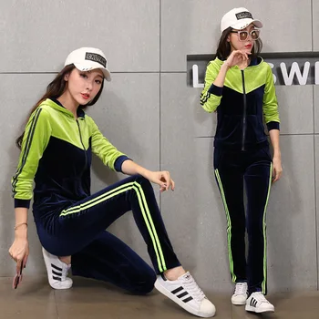

Autumn Women Sport Suit Tracksuit Velour Stripe Print Jacket Sweatshirt+pant Casual Jogger Running Workout Outfit Set Sportswear