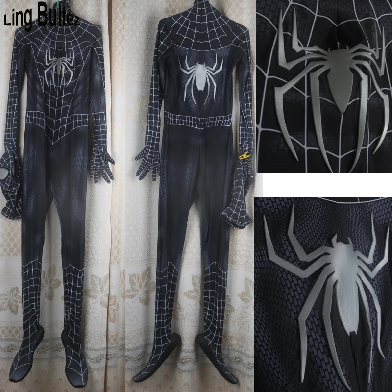 

Ling Bultez High Quality Relif Spider Logo With Shoes Black Spiderman Costume Raimi Spiderman Cosplay Costume U zipper