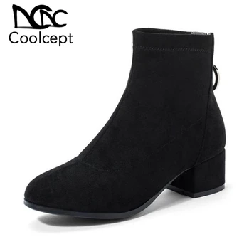 

CoolCept Women Winter Fur Plus Size 31-45 Office Ladies Ankle Boots Square Heels Daily Simple Short Boots Zipper Botas Footwear