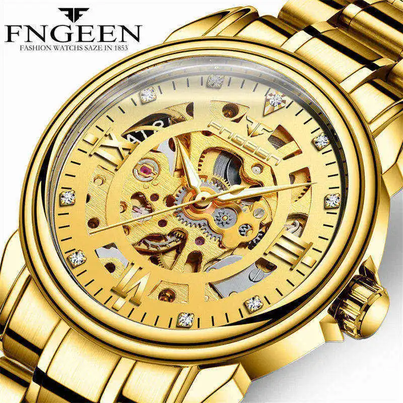 

FNGEEN Brand Golden Mechanical Watch MenFashion Engraving Dial Steel Skeleton Clock Automatic Watches Male Diamond Wristwatch