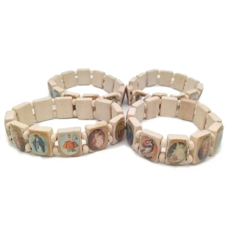 4pc Catholic Jewelry Christian Supplies Wooden Icon Elastic Bead Bracelet Gift