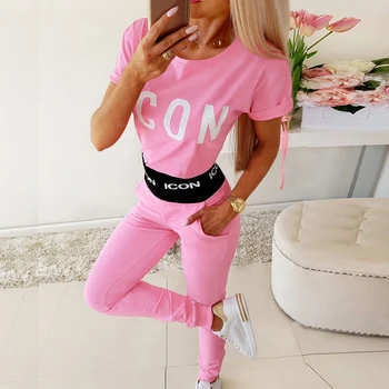 

Women Sports Sets Casual Letter Print O Neck Short Sleeve T-shirt+Elastic High Waist Slim Pants Ladies Tracksuit 2 Piece Outfits