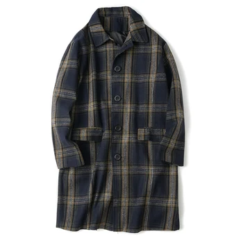 

Men's casual woolen coat lapel loose single-breasted long plaid woolen coat 2020 men's fashion casual youth popular tartan coat
