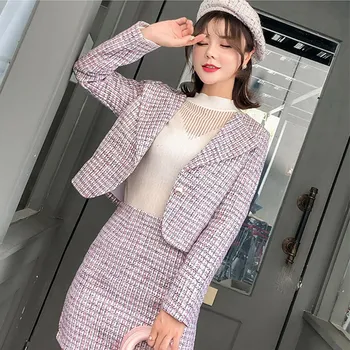 

Autumn Winter Runway Designer Tweed Two Piece Set Single-Breasted Notched Plaid Short Jacket And Mini Skirt Suits