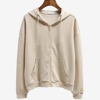 

Spring and autumn hooded loose embroidered pocket zipper all-match casual sweatshirt