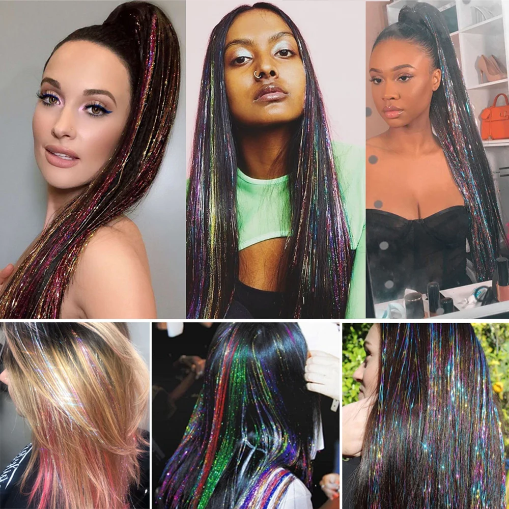 Synthetic Hair Tinsel Rainbow Colored Strands Girl Headwear Hair Laser False Hair Extensions Bling Decoration Glitter Party 5