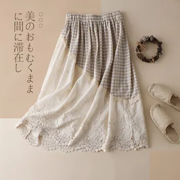 

Mori Girl Plaid Lace Cotton and Linen Skirt Women Fairy Lace Embroidery Hollow Female Kawaii Princess Underskirt Kawaii Skirt Z