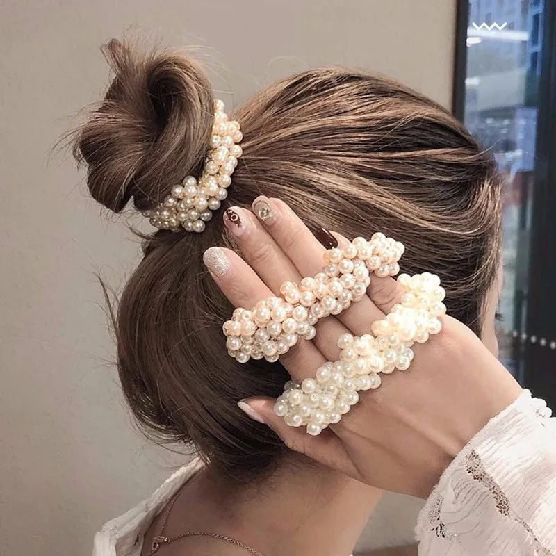 Hair Clip 11 Colors Woman Elegant Pearl Hair Ties Beads Girls Scrunchies Rubber Bands Ponytail Holders Hair Accessories Elastic Band