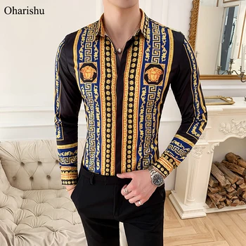 

Men's Luxury Gold Print Shirt New Fashion Retro Printed Long Sleeve Shirts Men Casual Party Night Club Streetwears Tops M-4XL