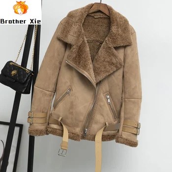 

2020 New Women Faux Leather Lambs Wool Fur Collar Suede Jacket Coats Warm Winter Thick Female Loose Faux Lamb Jacket Outwear