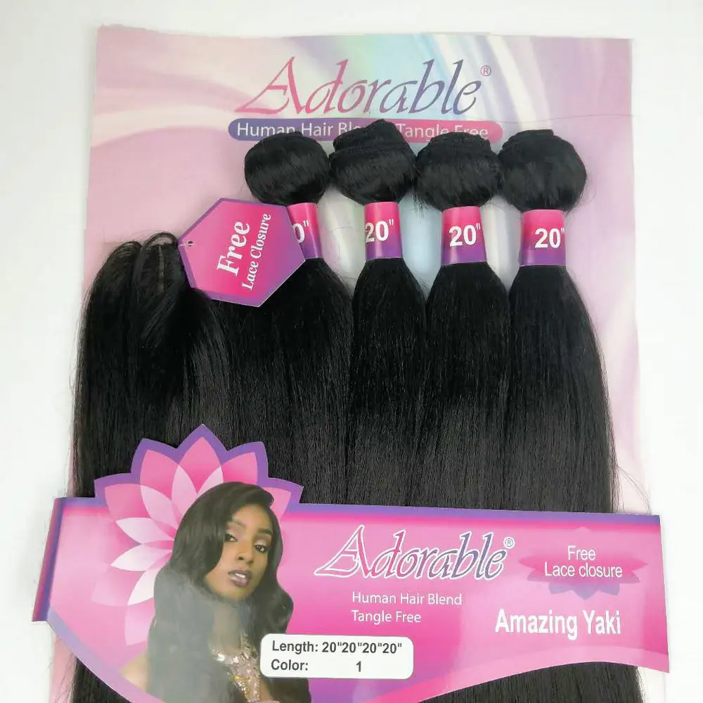 Adorable Synthetic HairAmazing Yaki Straight 4PCS+1 Set / 18-22inch Bundles with Closure Natural Weave African Afro Extension