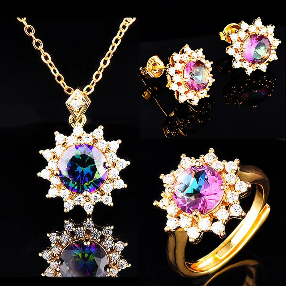 

Exquisite Bridal Wedding Jewelry Set Seven Colors Gems Crystal Flower Earrings Bride Ring Engagement Jewelry for Women Gifts