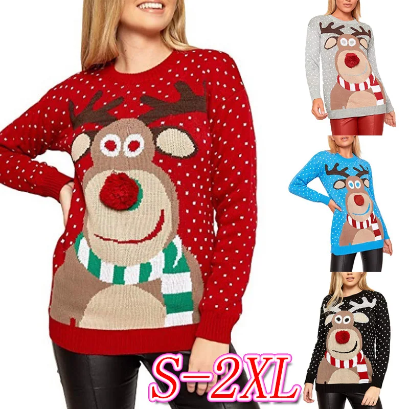 Women's Clothing Christmas Sweater Christmas Deer Warm Knitted Long Sleeve Sweater Jumper Top Blouse Winter Coat Women Sweaters
