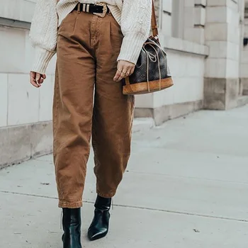 

Women Winter Casual Solid Color Loose High Waist Denim Wash Trousers Harem Pants