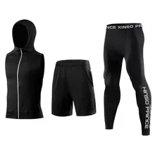 Спортивный костюм мужской летний баскетбольный костюм Трико Фитнес костюм Бодибилдинг беговые шорты без рукавов с капюшоном Комплект из трех предметов